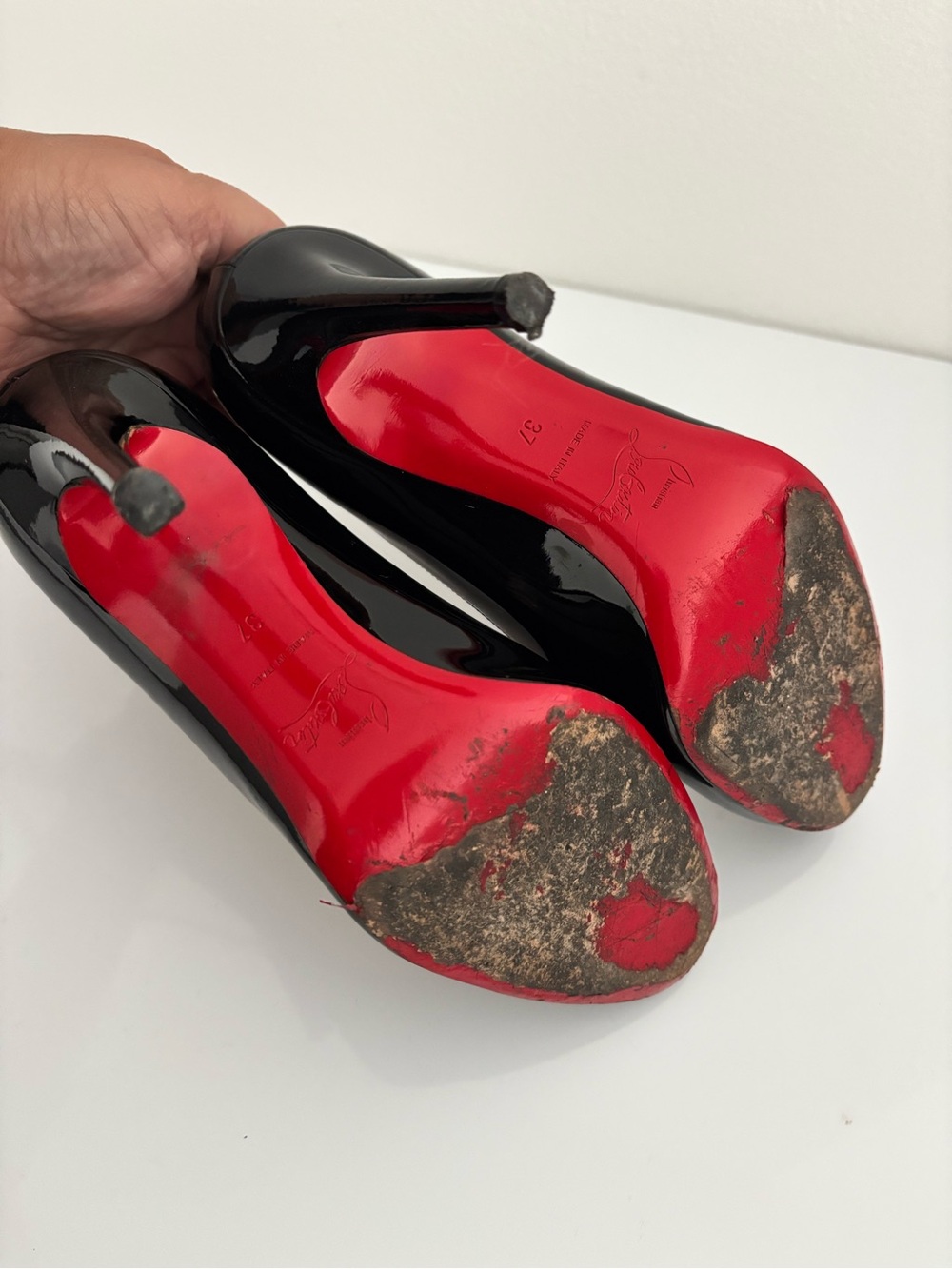 Christian Louboutin Black Patent Leather Round-Toe Pumps - Picture 7 of 7